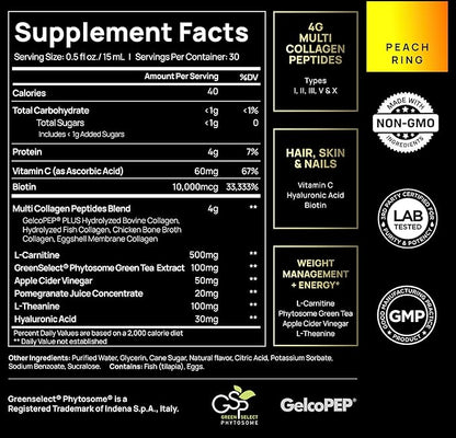 Premium Liquid Collagen for Women Weight Loss & Beauty w. Hyaluronic Acid, Biotin, L-Carnitine, Apple C Vinegar - Ultra Pure Multi Collagen Protein Shots Drink + Hair & Skin Liquid Vitamins - Colageno