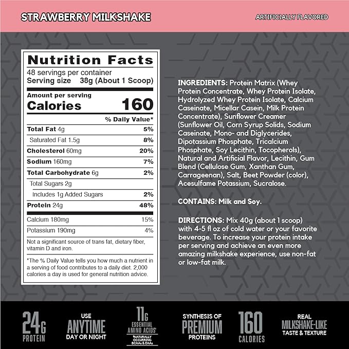 BSN SYNTHA-6 EDGE Protein Powder, with Hydrolyzed Whey, Micellar Casein, Milk Protein Isolate, Low Sugar, 24g Protein, Strawberry Milkshake, 48 Servings