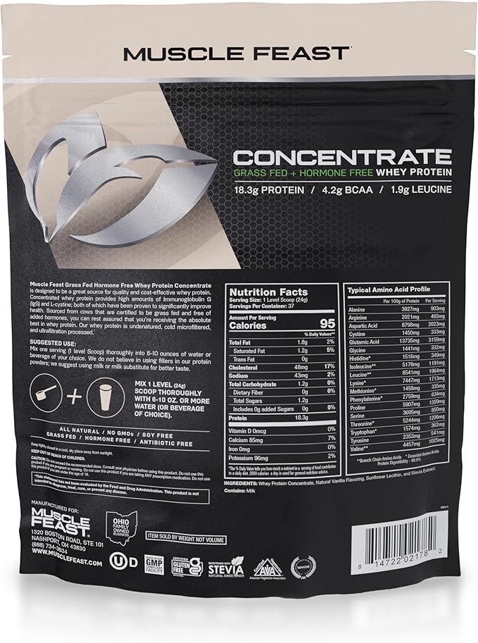 Muscle Feast Grass-Fed Whey Protein Concentrate Powder, All Natural Hormone Free Pasture Raised, Vanilla, 2lb