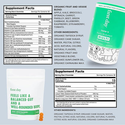 FIRST DAY Teens Daily Multivitamin + Tribiotic Gummies – Vitamin A, D3, B6, B12, C, Pre+, Post+, Probiotics & More to Support Growth, Brain Function, Immunity, Digestion – Low Sugar – 30 Day Supply