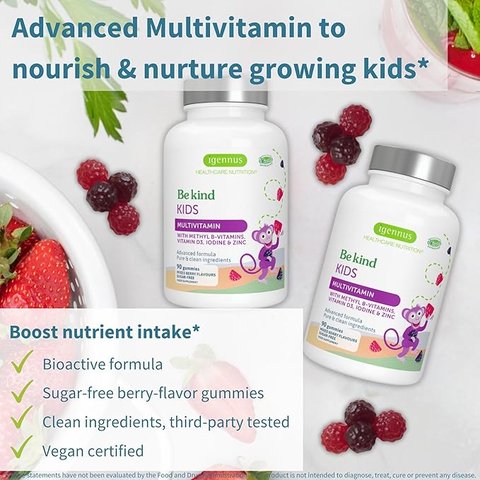Methylated Kids Multivitamin Gummy, MTHFR Supplement with B-Vitamins & Vitamin D, No Artificial Sweeteners or Flavors, Sugar Free, Age 4+, 90 Berry Gummies, Non-GMO, Halal, Clean Label, by Igennus