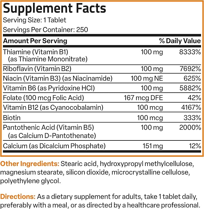 Bronson Super B 100 Vitamin B Complex Sustained Release Contains All B Vitamins (Vitamin B1, B2, B3, B6, B9 - Folic Acid, B12) Supports Energy Metabolism & Nervous System Health, Non-GMO, 250 Tablets