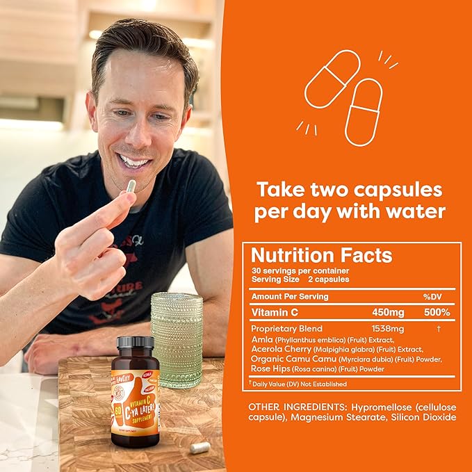 FlavCity Vitamin C Supplement, C-Ya Later- Dietary Supplement for Immune Support Derived from Bioavailable Sources of VIT C - Made with Acerola, Camu Camu & Amla Berry - 60 Capsules