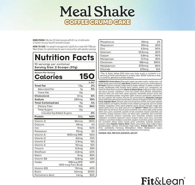 Fit & Lean Meal Shake, Fat Burning Meal Replacement, Protein, Fiber, Probiotics, Coffee Crumb Cake, 1lb, 10 Servings Per Container