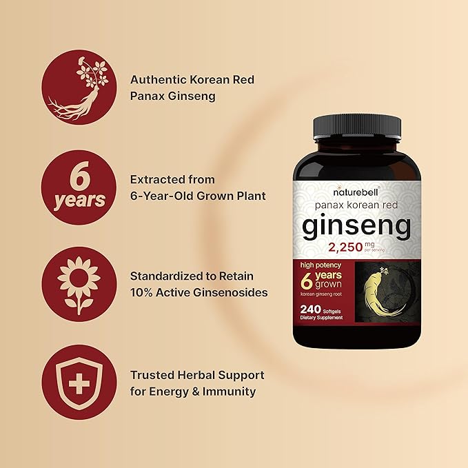 NatureBell Korean Red Ginseng 2,250mg Per Serving, 240 Softgels | Panax Ginseng Root, Standardized to 10% Ginsenosides, Non-GMO, Support Energy, Male Performance, & Immune System