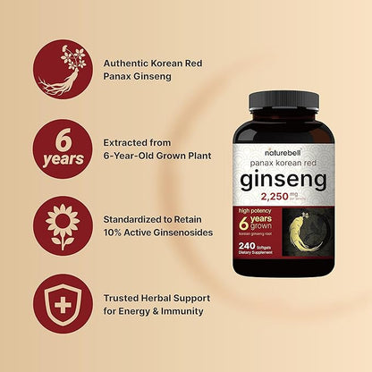 NatureBell Korean Red Ginseng 2,250mg Per Serving, 240 Softgels | Panax Ginseng Root, Standardized to 10% Ginsenosides, Non-GMO, Support Energy, Male Performance, & Immune System