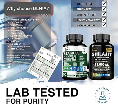 Shilajit 9000mg, Sea Moss 17500mg, Ginger & Black Seed Oil 4000mg, Ashwagandha 5000mg, Rhodiola Rosea, 1000mg Panax Ginseng 1500mg, All in 1 Supplement - Sea Moss & Shilajit Vitality Bundle