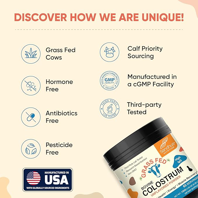 Sandhu's Pure Bovine Colostrum 130 Servings for Humans | Unflavored | Supports Immune Health