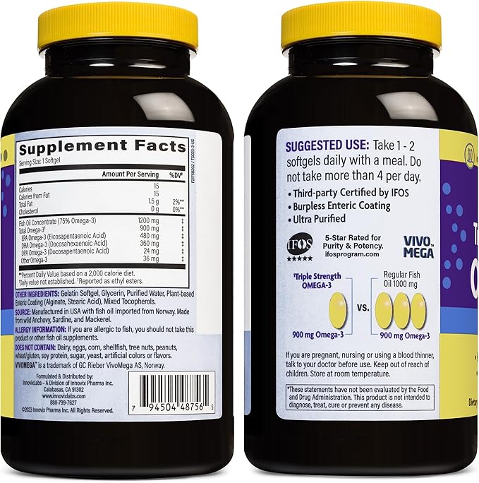 InnovixLabs Triple Strength Omega 3 Fish Oil Supplement, 900 mg, Pure EPA DHA Omega 3 Supplement Brain and Joints, Burpless Omega-3 for Women and Men with Enteric Coating, 200 Capsules