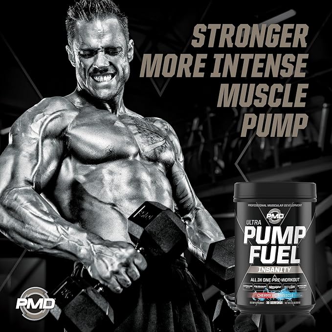 PMD Sports Ultra Pump Fuel Insanity - Pre Workout Drink Mix for Energy, Strength, Endurance, Recovery - Complex Carbohydrates and Amino Energy - Cherry Bombsicle (30 Servings)
