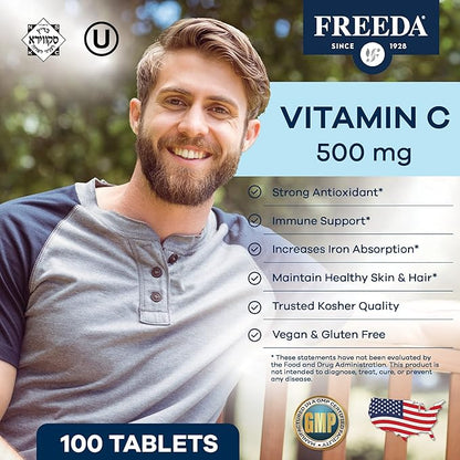 FREEDA Vitamin C - Vegan Vitamin C 500mg - Kosher - Powerful Antioxidant Immune Support - Easy to Swallow Vitamins C Tablets as Ascorbic Acid - Pure Vitamin C 500 mg - VIT C Supplement (100 Count)