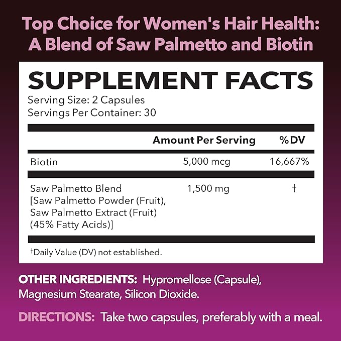 Saw Palmetto for Women + 5000 mcg Biotin Supplement - DHT Blocker Hair Health Vitamins - Supports Stronger Appearance of Hair for Women Post-Partum - Month Supply Vegan Women's Saw Palmetto