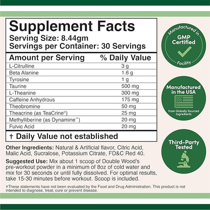 Pre Workout Powder for Men & Women (30 Servings of Caffeine, Beta Alanine, L-Citrulline, Dynamine, L-Theanine, Taurine, Theacrine, & More) Preworkout Powder with Scoop by Double Wood (Fruit Punch)
