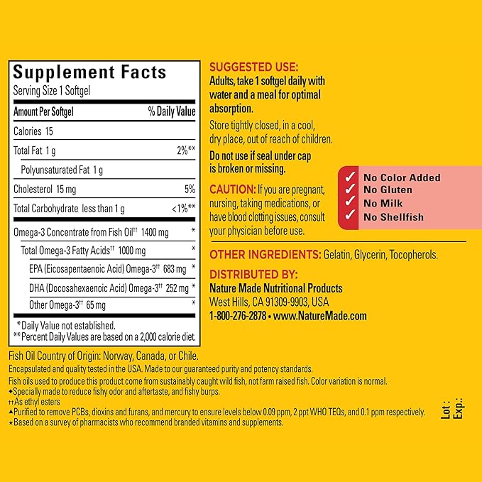 Nature Made Burp Less Ultra Omega 3 Fish Oil 1400 mg, Fish Oil Supplements, Omega 3 Supplement for Healthy Heart, Brain and Eyes Support, One Per Day, 45 Softgels