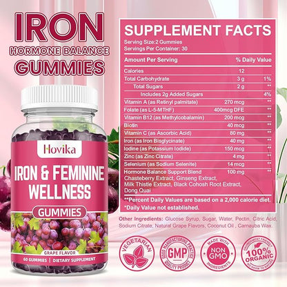 Iron for Women Gummies, 40mg Iron Supplement Anemia with multivitamin for Women, Zinc, Selenium, Iodine - for Iron Deficiency - Natural Hormonal Support for PMS, Grape Flavour, 2 Pack