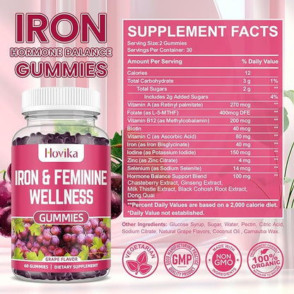 Iron & Hormone Balance for Women Gummies, 40mg Iron Supplement Anemia with multivitamin for Women, Zinc, Selenium, Iodine - for Iron Deficiency - Natural Hormonal Support for PMS, Vegan 60 Count