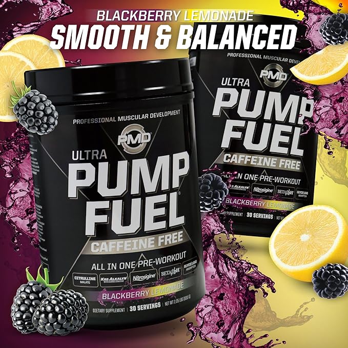 PMD Sports Ultra Pump Fuel Caffeine Free - Pre Workout Drink Mix - Energy, Strength, Endurance, Recovery Complex Carbohydrates and Amino Energy - BlackBerry Lemonade (30 Servings)
