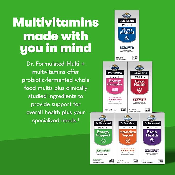 Garden of Life Dr. Formulated Multi+ Energy Support: Fermented Liposomal Multivitamin + Green Coffee Bean Extract, Rhodiola & Probiotics - Boost Energy, Support Digestion & Immune Health, 30 Capsules