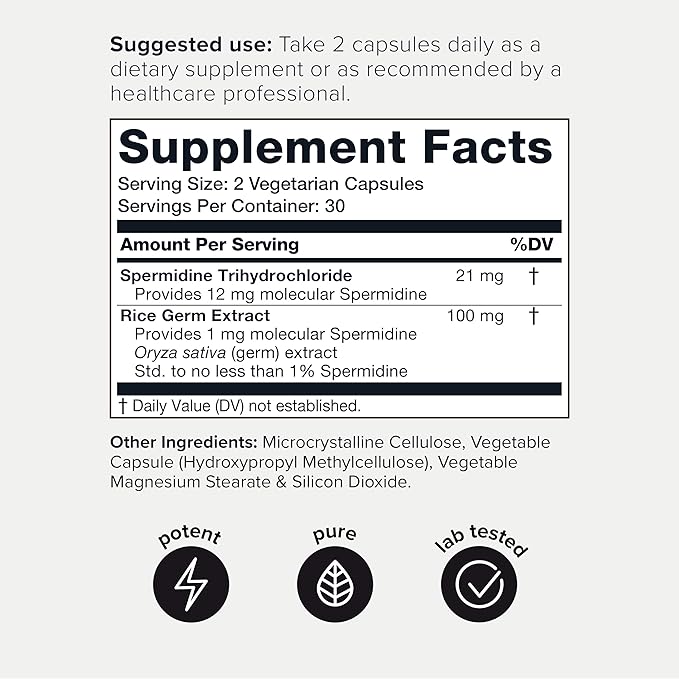 Toniiq 22mg Ultra Concentrated Spermidine Supplement -Spermidine Supplements for Men and Women - Rice Germ Extract and Trihydrochloride Complex Blend - 60 Vegetarian Capsules - 30 Servings