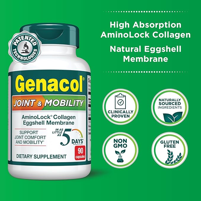 Genacol Collagen & Natural Eggshell Membrane | Achieve Rapid Joint Relief in as Little Than Just 5 Days| Patented hydrolyzed Collagen Joint Support Supplement Joint & Mobility 90 Capsules