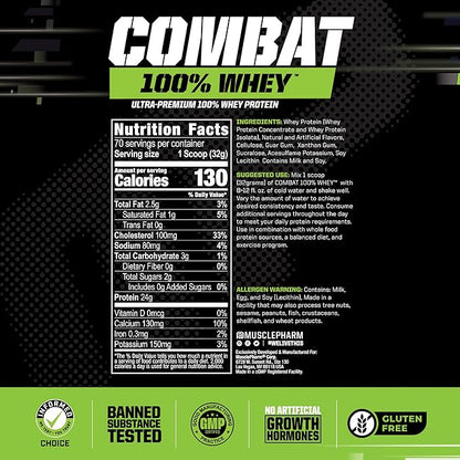 MusclePharm Combat 100% Whey Protein Powder, Banana Milk Flavor, Fast Recovery & Muscle Gain with Whey Protein Isolate, High Protein Powder for Women & Men, Gluten Free, 5 lb, 70 Servings