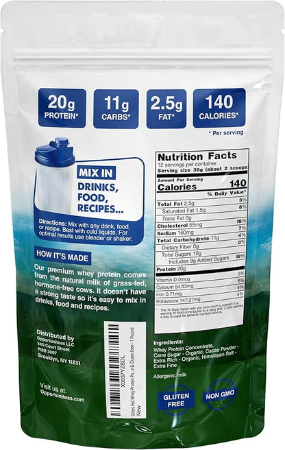 Opportuniteas Grass Fed Whey Protein Powder Concentrate - Chocolate - Pure Protein Supplement - Non GMO, Hormone Free & Gluten Free - 1lb