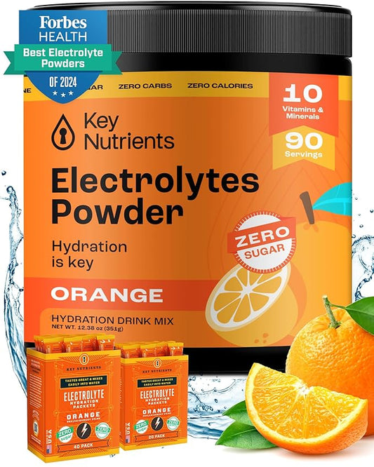 KEY NUTRIENTS Multivitamin Electrolytes Powder No Sugar - Tangy Orange Electrolyte Powder - Endurance & Energy Supplement - Hydration Powder - No Calories - 90 Servings - Made in USA