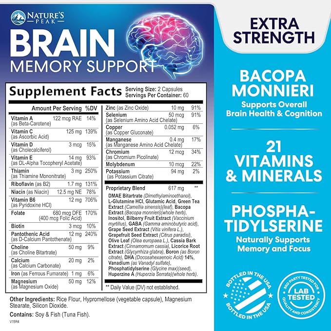 Brain Supplement Memory Pills - Nootropics Support for Concentration, Clarity, Energy & Focus - Brain Health with Bacopa, Cognitive Vitamins, Phosphatidylserine, DMAE - Brain Booster - 120 Capsules