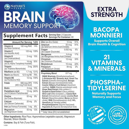 Brain Supplement Memory Pills - Nootropics Support for Concentration, Clarity, Energy & Focus - Brain Health with Bacopa, Cognitive Vitamins, Phosphatidylserine, DMAE - Brain Booster - 120 Capsules
