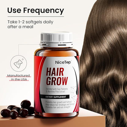 Hair Growth Supplement, Hair Care Support for Strength, Thickness Growth, with Biotin, Vitamin A, C, E, Zinc, 60 Capsules