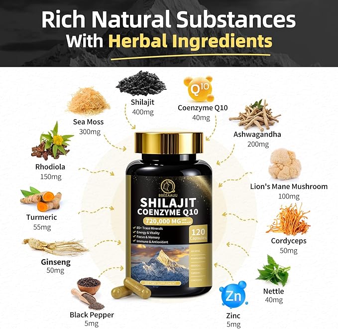 Shilajit Capsules with Sea Moss & Ashwagandha for Men & Women,12 in 1 Himalayan Shilajit Supplements with Coenzyme Q10, Fulvic Acid & Humic Acid, Lion's Mane, Energy & Immune Support , 120 Count