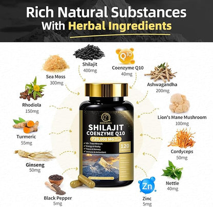 Shilajit Capsules with Sea Moss & Ashwagandha for Men & Women,12 in 1 Himalayan Shilajit Supplements with Coenzyme Q10, Fulvic Acid & Humic Acid, Lion's Mane, Energy & Immune Support , 120 Count