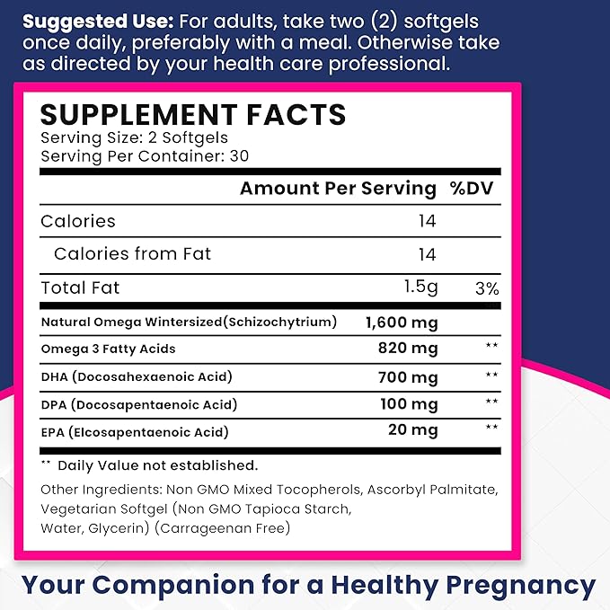 Prenatal DHA Supplements - Vegan 800mg DHA DPA Plant Based Omega 3 - Best for Optimal Mom and Baby Health - Supports Baby Brain and Eye Development Prenatal for Women No Fish Oil
