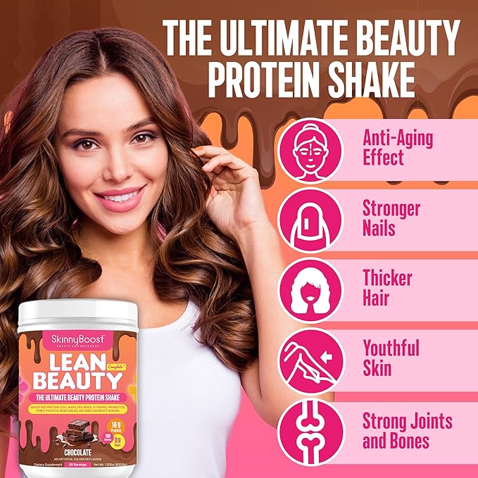 Lean Beauty Shake Protein Powder-Chocolate- Grass Fed Whey Protein, Hydrolyzed Collagen, Beauty Ingredients, Vitamins and Metabolism Support, No Sugars, All Natural, 20 Servings, Made in USA