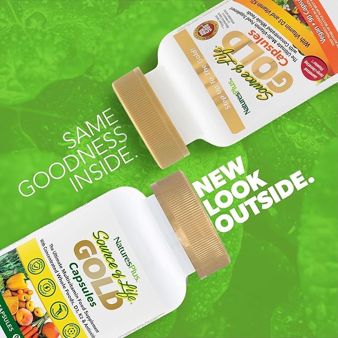 Natures Plus Source of Life Gold Multivitamin - 90 Vegetarian Capsules - with Vitamins D3, B12, K2 & More Than 120 Whole Foods - Blood, Bone & Immune Support - Gluten Free - 30 Servings