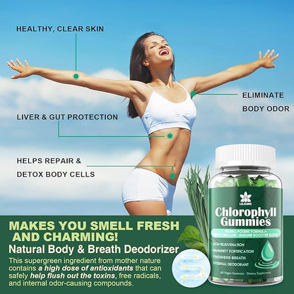 Sugar Free Chlorophyll Gummies - with Unfiltered ACV, Sea Moss & Elderberry, Echinacea, Vitamin D3, C, E, B12 - Natural Deodorant, Breathe Fresh, Immune & Digestion Support, Chlorophyll Chews 2Pack