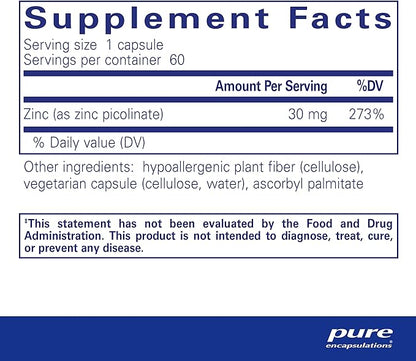 Pure Encapsulations Zinc 30 mg - Supplement for Immune System Support, Growth and Development, and Wound Healing* - with Zinc Picolinate 30 mg - 60 Capsules