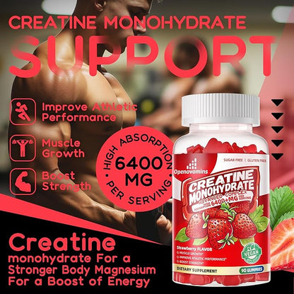 Creatine Monohydrate Gummies Complex 6400mg for Men & Women -Advanced Formula W/L-Taurine + Vitamin B12, Sugar Free Chewable Supplement,180 Strawberry Gummies 2pack