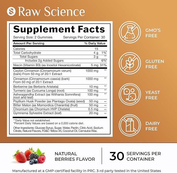 Cinnamon Gummies - Blood Support - Ceylon Cinnamon & Cinnamon Bark 2000MG Blend Supplements, Berberine, Turmeric, Gymnema Sylvestre, Bitter Melon, Psyllium Husk, Chromium - 60 Gummies