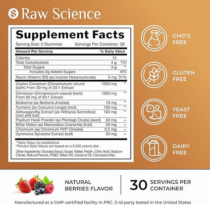 Cinnamon Gummies - Blood Support - Ceylon Cinnamon & Cinnamon Bark 2000MG Blend Supplements, Berberine, Turmeric, Gymnema Sylvestre, Bitter Melon, Psyllium Husk, Chromium - 60 Gummies