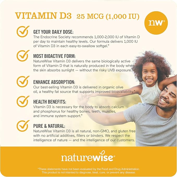 NatureWise Vitamin D3 1000iu (25 mcg) 1 Month Supply for Healthy Muscle Function, Bone Health and Immune Support, Non-GMO, Gluten Free in Cold-Pressed Olive Oil, Packaging May V, 30 Count