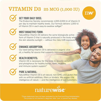NatureWise Vitamin D3 1000iu (25 mcg) Healthy Muscle Function, and Immune Support, Non-GMO, Gluten Free in Cold-Pressed Olive Oil, Packaging Vary ( Mini Softgel), 360 Count