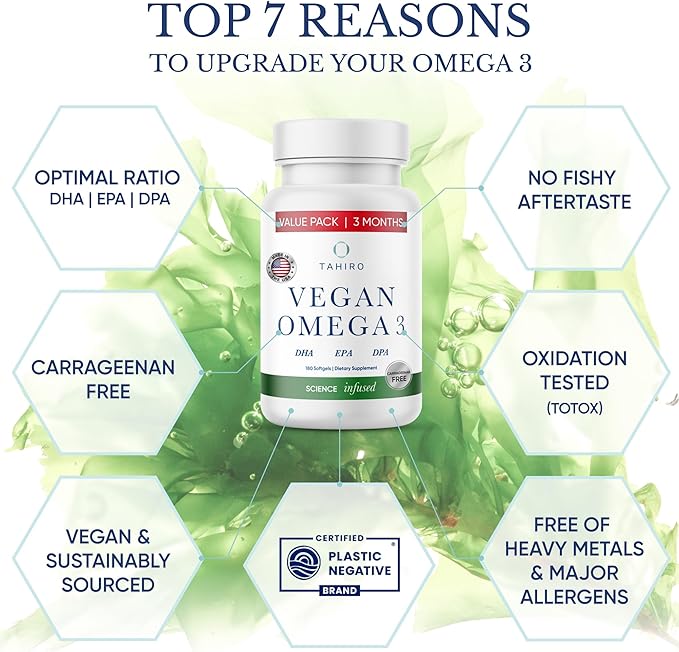 TAHIRO Vegan Omega-3 Softgels - Plant-Based Supplement with DPA, DHA & EPA - Nutrients for Men, Women and Pregnant Women - Supports Brain Health - Prenatal & Joint Supplements, 1000mg
