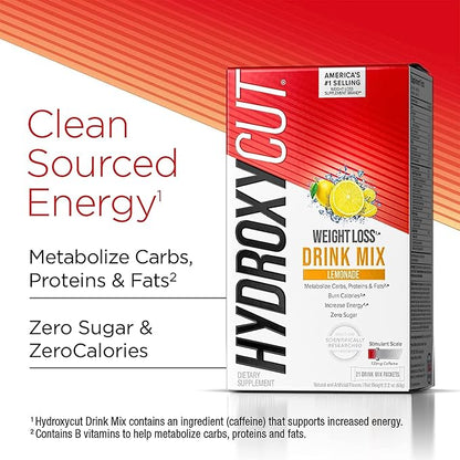 Hydroxycut Drink Mix, Lemonade - 21 Travel-Size Packets - Zero Calories or Sugar - Boost Metabolism, Burn Calories, Increase Energy - For Women & Men