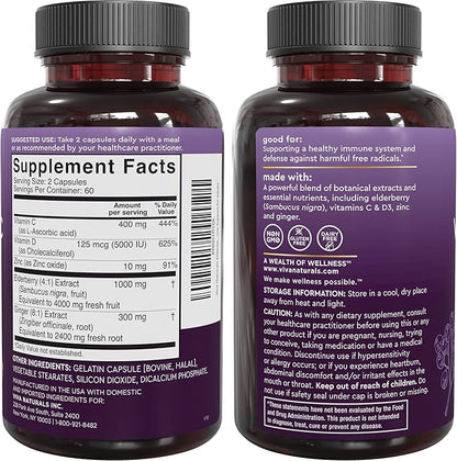 Viva Naturals Elderberry with Vitamin C and Zinc for Adults - 5 in 1 Sambucus Black Elderberry Capsules with Vitamin D3 5000 IU Immunity Supplement, Sambucus Elderberry Immune Support Supplement