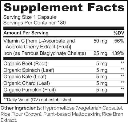 NATURELO Vegan Iron Supplement with Vitamin C and Organic Whole Foods - Gentle Iron Pills for Women & Men with Iron Deficiency Including Pregnancy, Anemia and Vegan Diets - 180 Mini Capsules