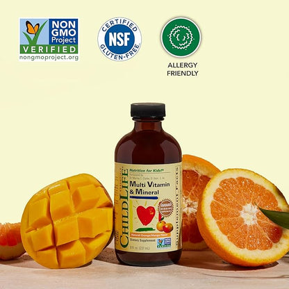 CHILDLIFE ESSENTIALS Kids Multivitamin & Mineral - Kids Vitamins, Liquid Multivitamin for Kids, Toddler Multivitamins, Liquid Vitamins, Baby Multivitamin - Natural Orange & Mango, 8 Fl Oz (Pack of 2)