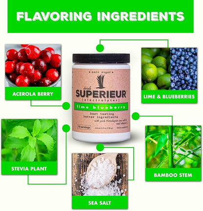 Superieur Electrolytes–Plant Based Electrolyte Supplement w/Sea Minerals for Hydration & Recovery–Keto Friendly, Non-GMO, Zero Sugar, Vegan, Healthy Sports Drink Powder–Lime Blueberry (70 Servings)