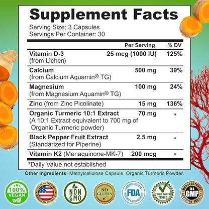 Plant-Based Calcium 500mg (Aquamin) - Vegan Calcium Magnesium Zinc D3 + Vitamin K2, Organic Turmeric & BioPerine - Supports Enhanced Bone Health & Strength for Women and Men - 90 Count