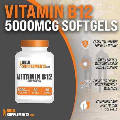 BulkSupplements.com Vitamin B12 1000 mcg Softgels - Cyanocobalamin, Vitamin B Supplements, B12 Pills - Gluten Free, 1 Vitamin B12 Softgel per Serving, 60-Day Supply, 60 Softgels